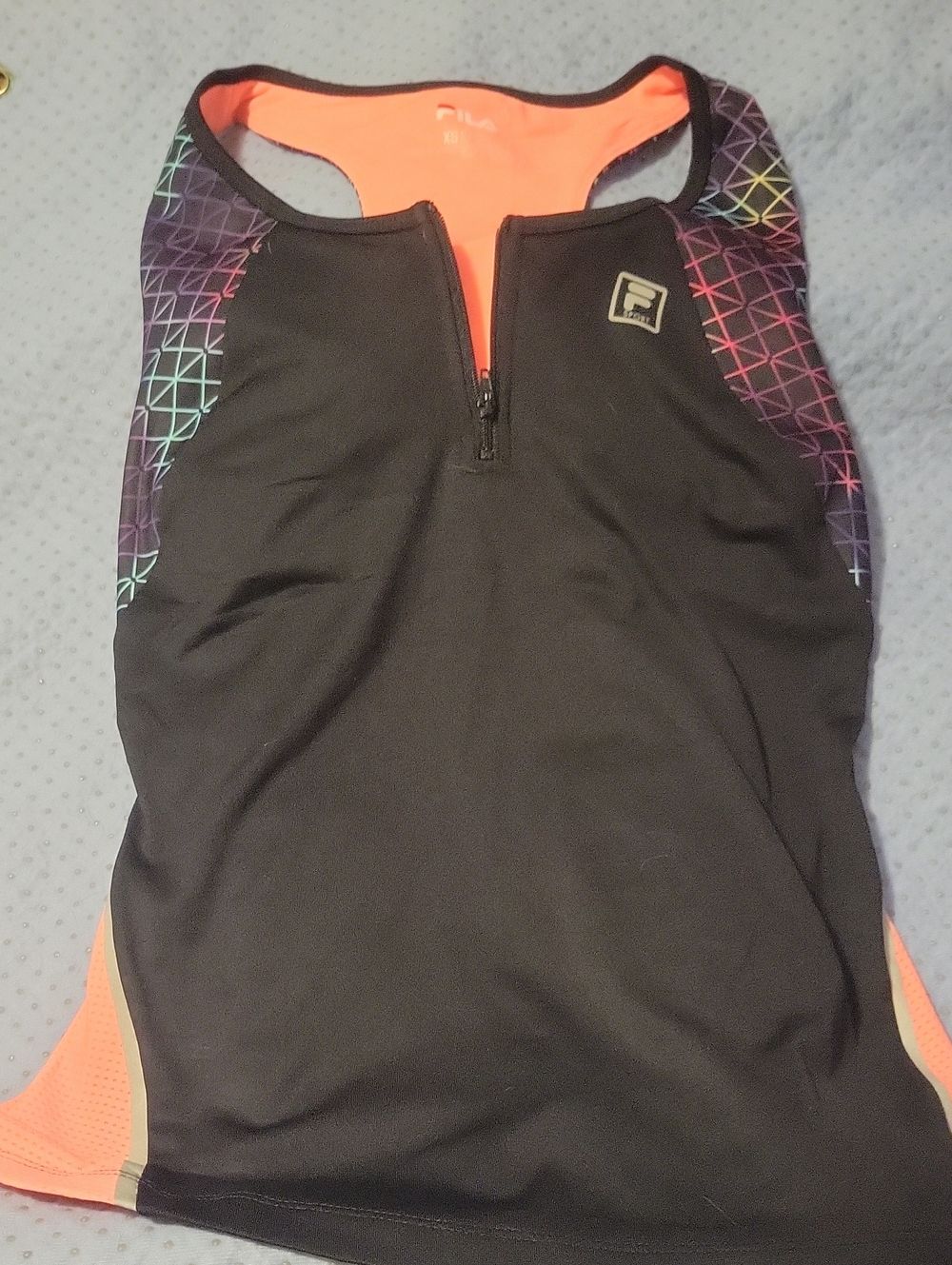 Fila Black Racerback Tank with Neon Orange and Multicolor Trim